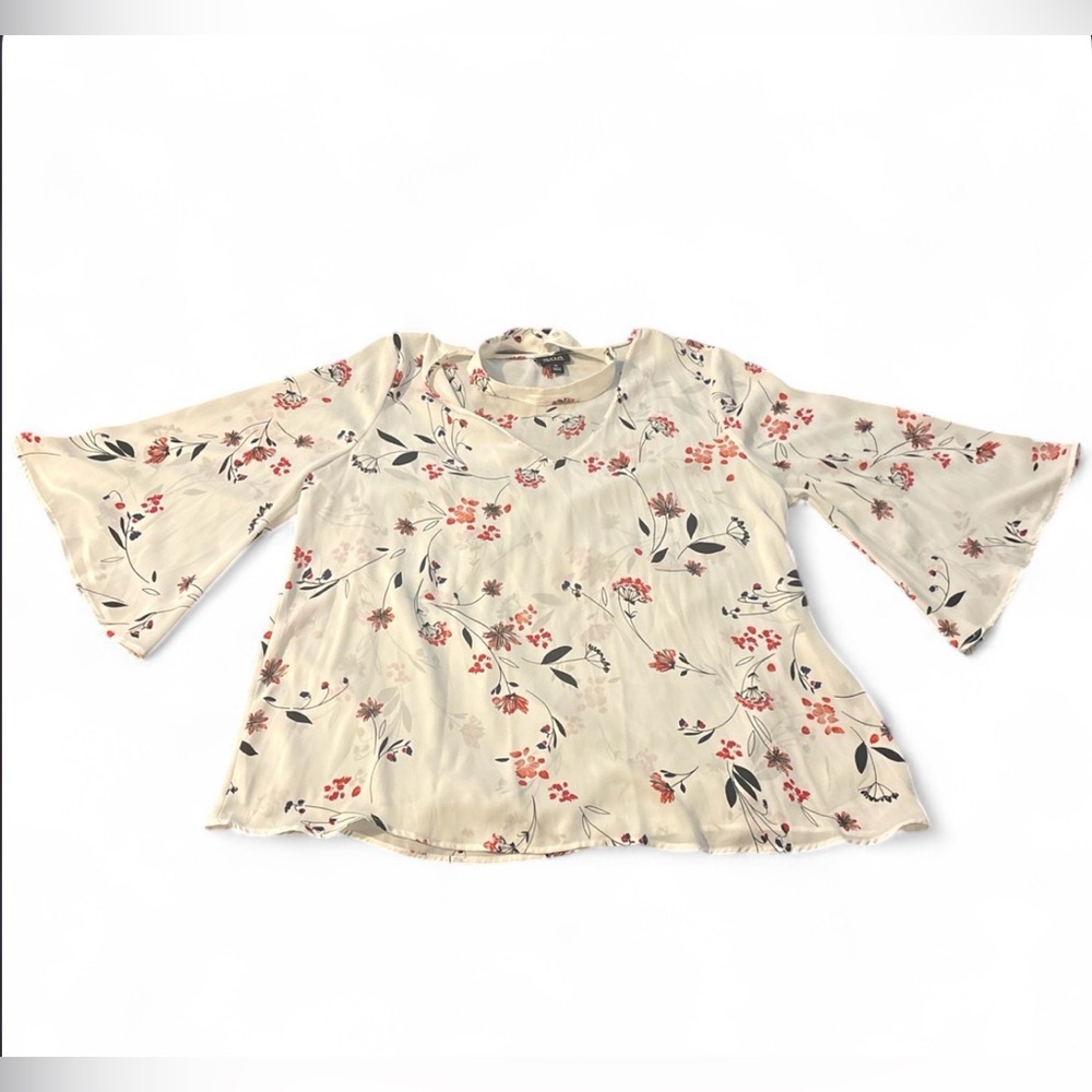 a.n.a Cream Floral Bell-Sleeve Blouse with Pink and Green Accents